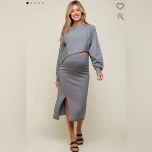 PINKBLUSH Grey Knit Long Sleeve Crop Top Maternity Midi Skirt Set